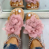 Mesh Floral Embellished Beaded Flat Sandals