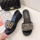 Women's Sandals With Bright Diamonds Decorated High-heeled Wedge