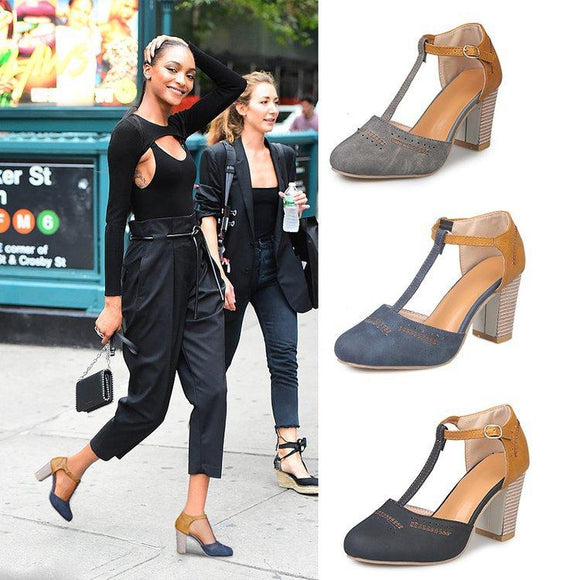 Rubber PU Thick High-heeled Shoes With One-line Buckle