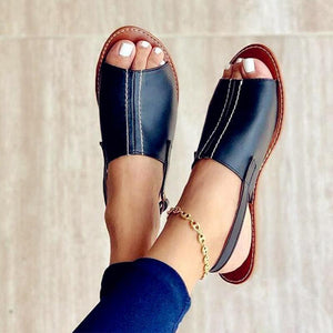 Fish Mouth PU Women's Buckle Roman Shoes Flat Sandals