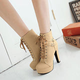 Round Toe Lace Up Ankle Buckle High Heel Boots