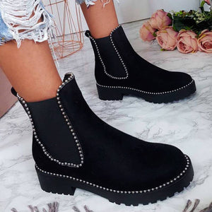 Women's Round Toe Beaded Chunky Ankle Boots