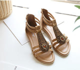 Women's Bohemian Retro Beaded Zipper Rhinestone Roman Flat Sandals