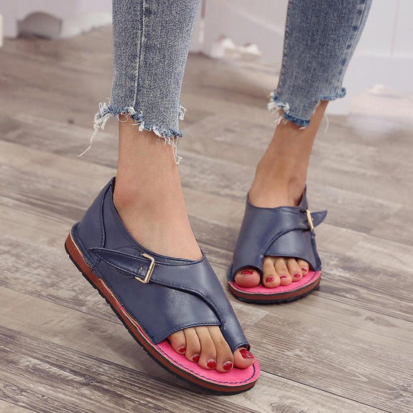 Women Leather Open-toed Sandals Roman Flat Shoes