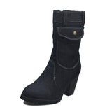 Women's Denim Fabric Mid-Calf High Heel Boots