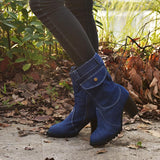 Women's Denim Fabric Mid-Calf High Heel Boots