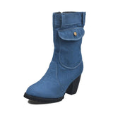 Women's Denim Fabric Mid-Calf High Heel Boots