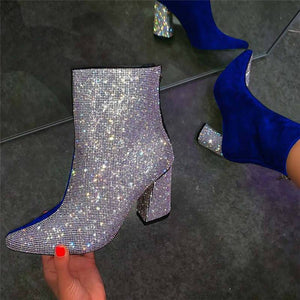 Women's Gorgeous Sparkling Rhinestones Chunky Heel Boots