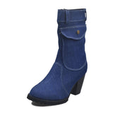 Women's Denim Fabric Mid-Calf High Heel Boots
