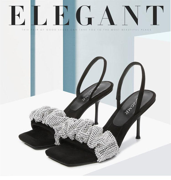 2021 One Word Strap High Heel Square Toe Sandals Women Rhinestone Sandals