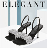 2021 One Word Strap High Heel Square Toe Sandals Women Rhinestone Sandals