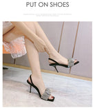 2021 One Word Strap High Heel Square Toe Sandals Women Rhinestone Sandals