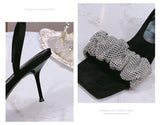 2021 One Word Strap High Heel Square Toe Sandals Women Rhinestone Sandals