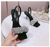 2021 One Word Strap High Heel Square Toe Sandals Women Rhinestone Sandals