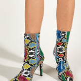 Snake Printed Side Zipper Pointed Toe High Heel Ankle Boots