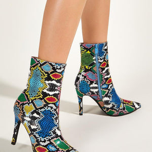 Snake Printed Side Zipper Pointed Toe High Heel Ankle Boots