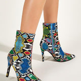 Snake Printed Side Zipper Pointed Toe High Heel Ankle Boots