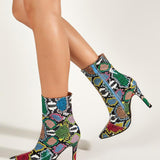 Snake Printed Side Zipper Pointed Toe High Heel Ankle Boots