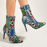 Snake Printed Side Zipper Pointed Toe High Heel Ankle Boots
