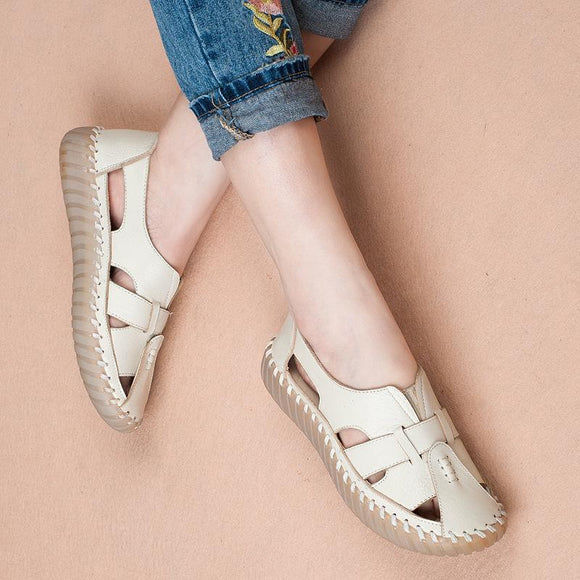 Women's Leather Soft Sole Toe Cap Thick-soled Hollow Sandals