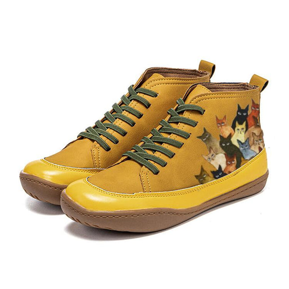 Cat Printing Flat Ankle Boots