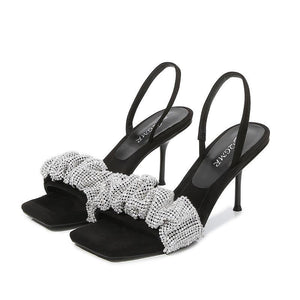 2021 One Word Strap High Heel Square Toe Sandals Women Rhinestone Sandals