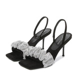 2021 One Word Strap High Heel Square Toe Sandals Women Rhinestone Sandals