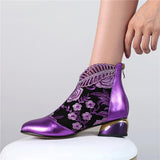 Women's Comfy Soft Leather Embroidered Flowers Rhinestone Boots