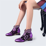 Women's Comfy Soft Leather Embroidered Flowers Rhinestone Boots