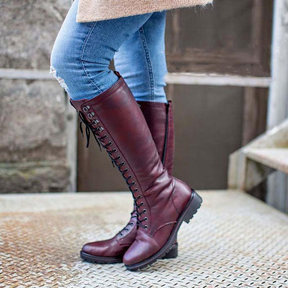 Women's Leather Round Toe Side Zipper Knight Boots