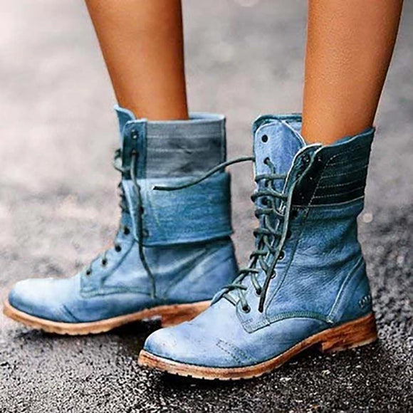 Women's Round Toe Lace-Up Leather Martin Boots