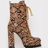 Snake Printed Lace-up Chunky High Heel Ankle Boots
