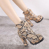 Snake Printed Lace-up Chunky High Heel Ankle Boots