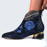 Women's Comfy Soft Leather Embroidered Flowers Rhinestone Boots