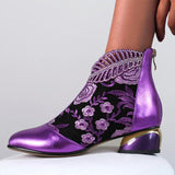 Women's Comfy Soft Leather Embroidered Flowers Rhinestone Boots