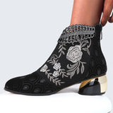 Women's Comfy Soft Leather Embroidered Flowers Rhinestone Boots