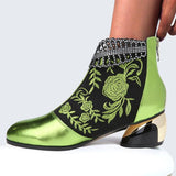 Women's Comfy Soft Leather Embroidered Flowers Rhinestone Boots