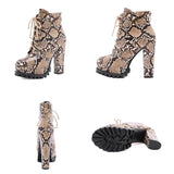 Snake Printed Lace-up Chunky High Heel Ankle Boots