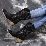 Embroidery Suede High Tube Low Heel Boots