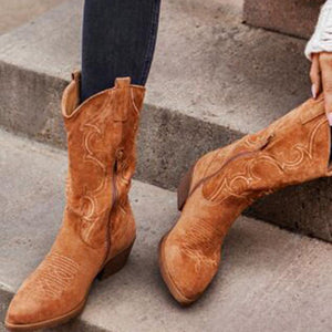 Embroidery Suede High Tube Low Heel Boots