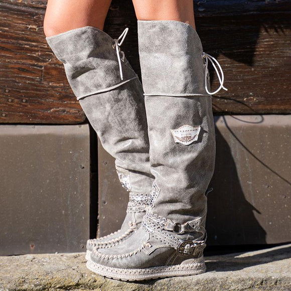 Women‘s Boho Fringe Flat Heel Long Boots Buckle Strap Knee-High Tassel Boots