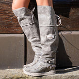 Women‘s Boho Fringe Flat Heel Long Boots Buckle Strap Knee-High Tassel Boots