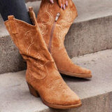 Embroidery Suede High Tube Low Heel Boots