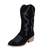 Embroidery Suede High Tube Low Heel Boots