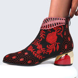 Women's Comfy Soft Leather Embroidered Flowers Rhinestone Boots