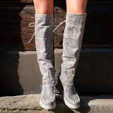 Women‘s Boho Fringe Flat Heel Long Boots Buckle Strap Knee-High Tassel Boots