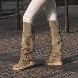 Women‘s Boho Fringe Flat Heel Long Boots Buckle Strap Knee-High Tassel Boots