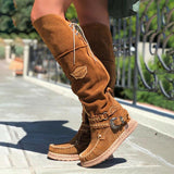 Women‘s Boho Fringe Flat Heel Long Boots Buckle Strap Knee-High Tassel Boots
