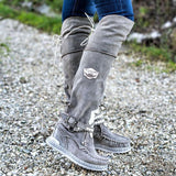 Women‘s Boho Fringe Flat Heel Long Boots Buckle Strap Knee-High Tassel Boots
