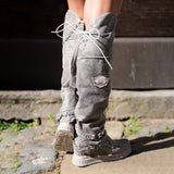 Women‘s Boho Fringe Flat Heel Long Boots Buckle Strap Knee-High Tassel Boots